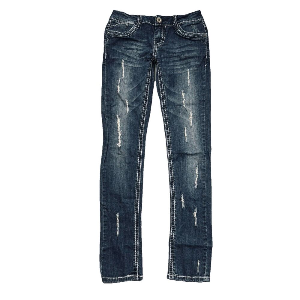 Monicas Low Rise Skinny Jeans 3 (26x29.5) Distressed Blue Denim Stretch Juniors